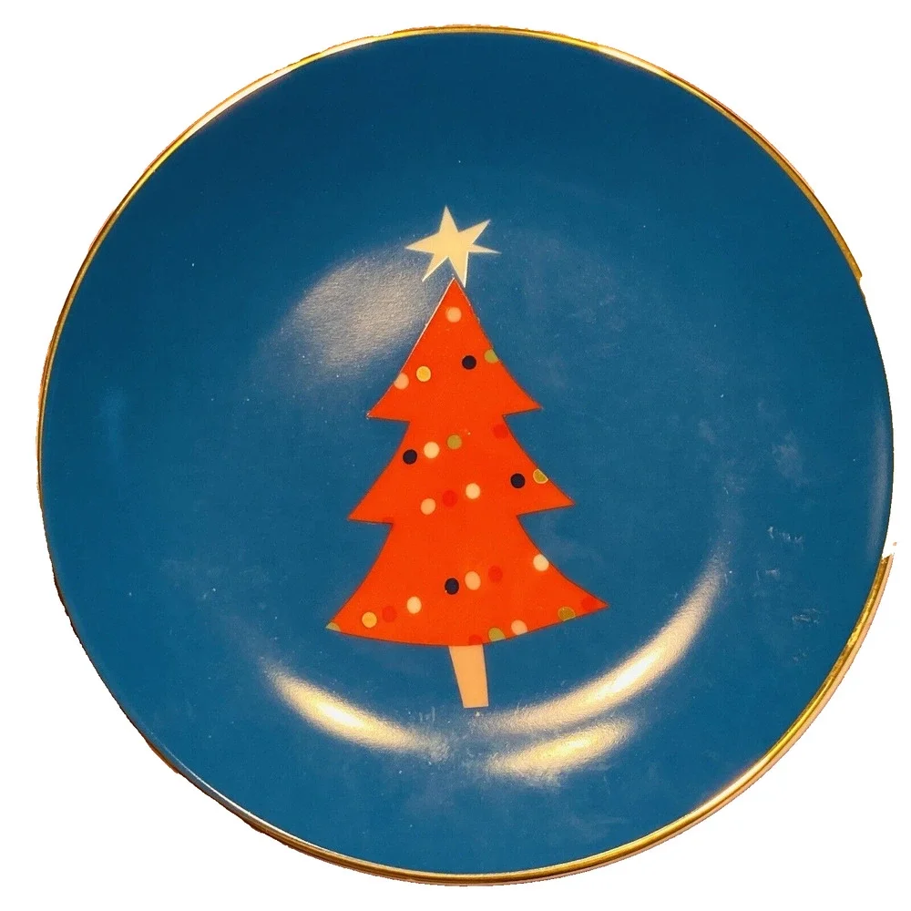 Rare PIER 1 Christmas Tree Plate Set (4) Colorful Holiday Appetizer Canape 6”